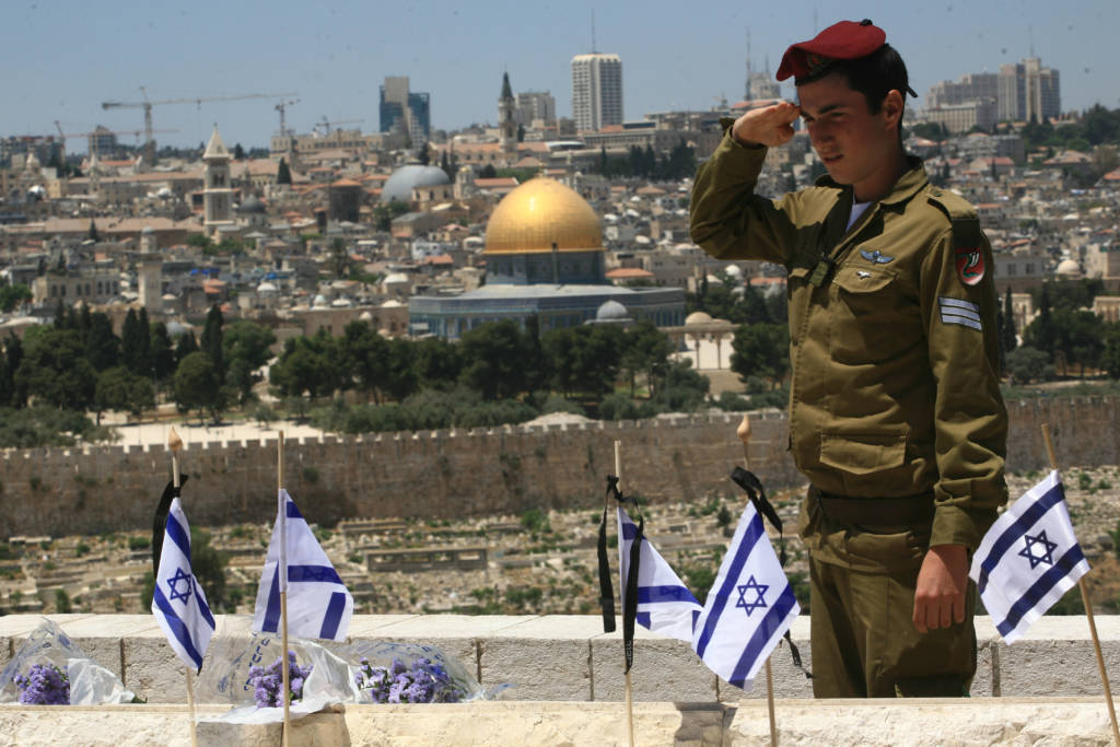 Israeli soldiers during preparations for Israel's Memorial Day services on the Mount of Olives